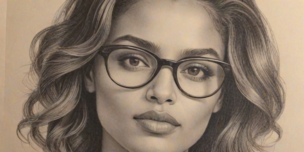 Stunning Ciara, pencil sketch, portrait of Resplendent woman 1943s in glasses, hair style beatnik, outline, clear lines, fine lines, 8k