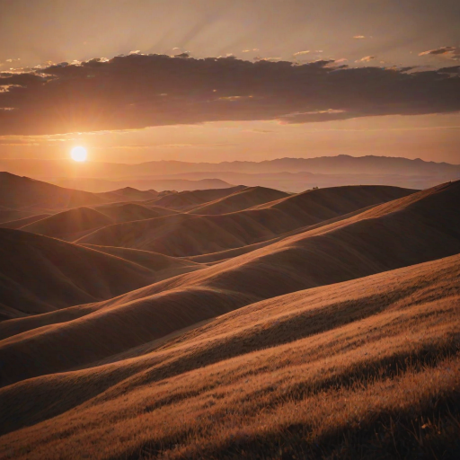 create a smooth gradient landscape at sunset with rounded hills and a large sun in warm earthy tones, shot with a Canon EOS R5 at f/8, 1/60s, ISO 200, wide-angle lens, top-down view, soft focus for a vintage aesthetic
