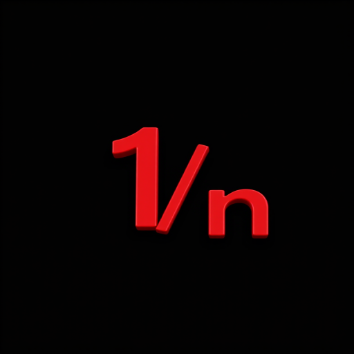 3D rendering of a red fraction with "1/n" on a black background, camera settings: f/8, ISO 100, shutter speed 1/60s, camera view: close-up, camera style: high contrast, camera type: digital DSLR.