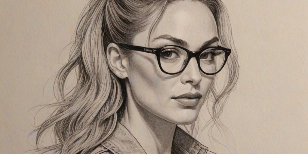 Captivating Drea de Matteo, pencil sketch, portrait of Pleasing woman 1956s in glasses, hair style beatnik, outline, clear lines, fine lines, 8k