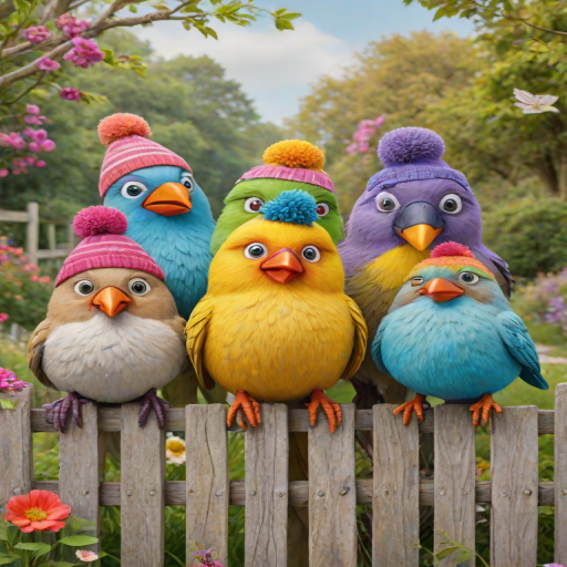 create a scene of 4 quirky  whimsical colourful comical birds each with a funny expression. they are sat on a wooden fence with colourful flowers. they are all different sizes. each one is a different colour  one is wearing a woolly hat. Each one has a different quirky google expression and there is a muted background of trees watercolour paintierly style high definition 8k resolution 3D paper mache