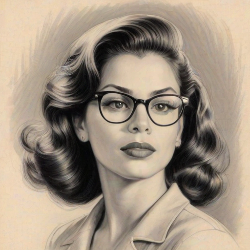 Enchanting Eve Mendes, pencil sketch, portrait of Gorgeous woman 1947s in glasses, hair style beatnik, outline, clear lines, fine lines, 8k