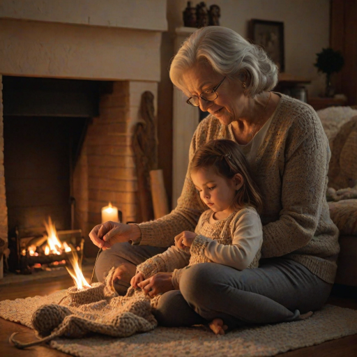 Warm, intimate image of a grandmother teaching her granddaughter how to crochet by a softly lit fireplace, soft glow from the flames casting warm shadows, with the smell of fresh pinewood in the air.