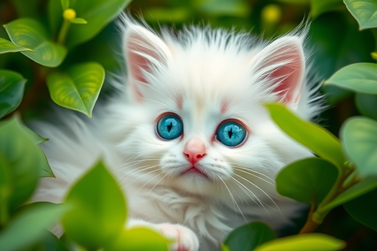 Create a whimsical illustration of a fluffy white kitten with big turquoise eyes surrounded by lush green leaves, soft focus, DSLR camera, 50mm lens, f/1.8 aperture, natural lighting, high-resolution.