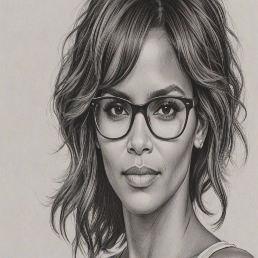 Attractive Halle Berry, pencil sketch, portrait of Alluring woman 1966s in glasses, hair style beatnik, outline, clear lines, fine lines, 8k