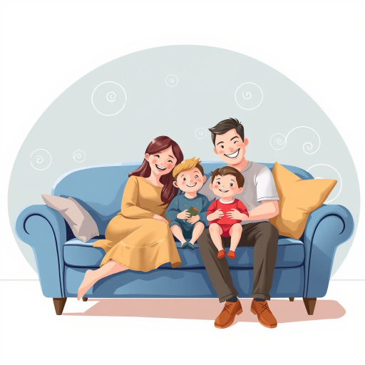 Generate a high-resolution digital illustration of a happy family of three sitting on a cozy blue couch with stylized swirls around them, featuring a mother, father, and child; use a soft focus effect, set at 50mm focal length, f/2.8 aperture, with even lighting to create a warm atmosphere.