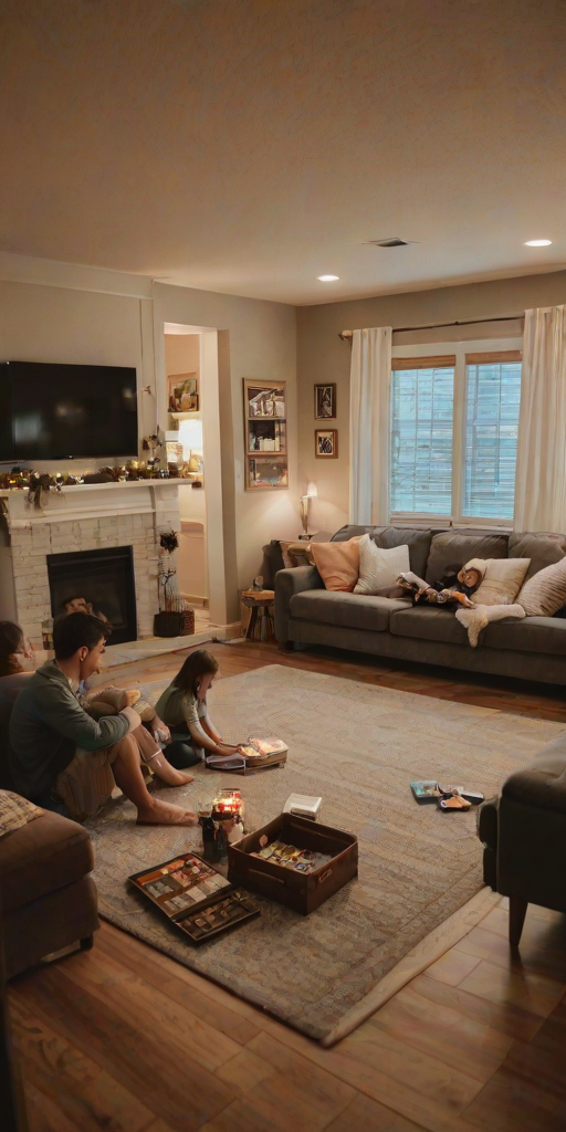 Cozy family room, with children playing board games on the floor, parents enjoying a movie on the couch, and soft lighting creating a warm, inviting space.