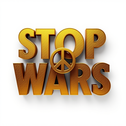 Create a high-resolution digital illustration of the text "STOP WARS" in bold, shiny gold letters with a peace symbol incorporated into the design, using a Canon EOS R5 camera with a 50mm lens, aperture set to f/2.8, shooting in a studio environment with softbox lighting for a clean and polished look.