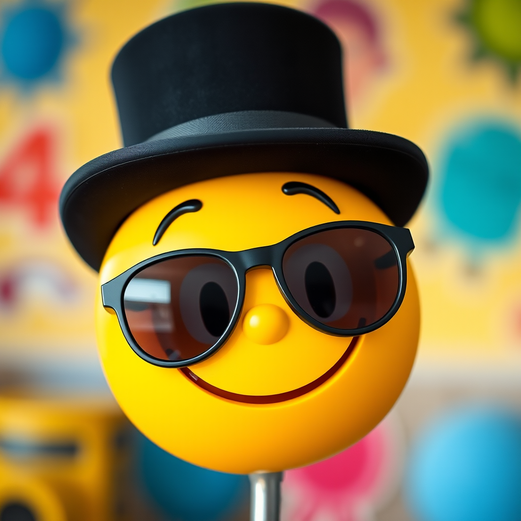 Create a vibrant, cartoon-style image of a smiling yellow emoji wearing a black top hat and oversized dark sunglasses, captured with a Canon EOS 5D Mark IV, Aperture f/2.8, ISO 100, 50mm lens, in a bright, playful setting with a shallow depth of field.
