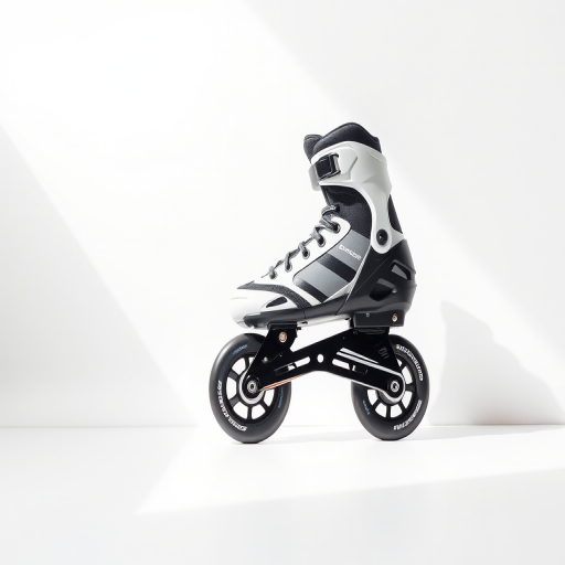 Create an image of a modern inline skate positioned at a 45-degree angle against a clean white background, with a shallow depth of field to emphasize the skate, using a DSLR camera, f/2.8 aperture, 1/250 shutter speed, ISO 100, 50mm lens, and natural lighting for vivid color representation.