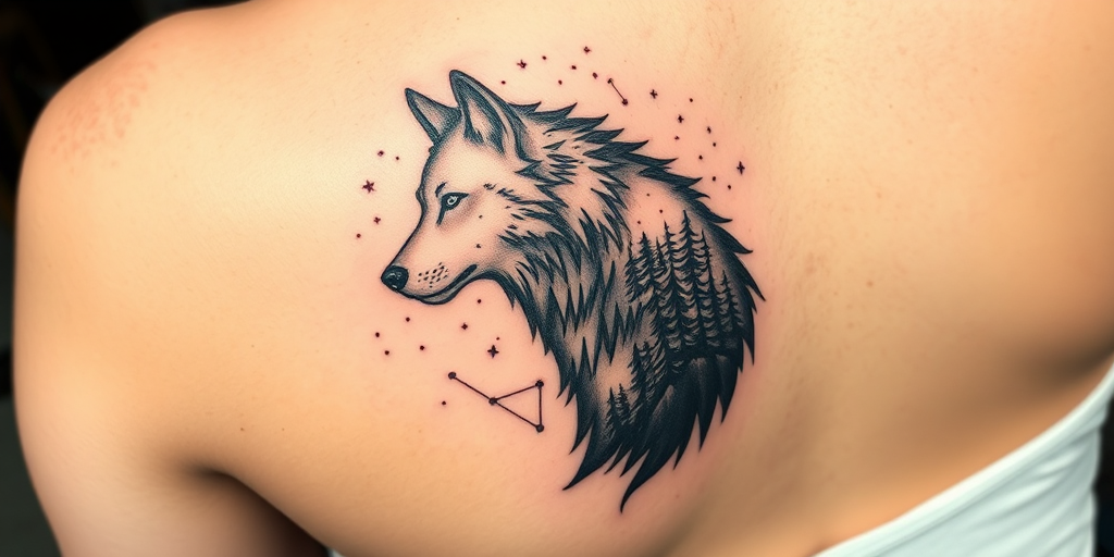 nature-inspired dotwork tattoo featuring a majestic wolf silhouette filled with intricate forest scenes and constellations, gradually fading into the skin for a ethereal effect