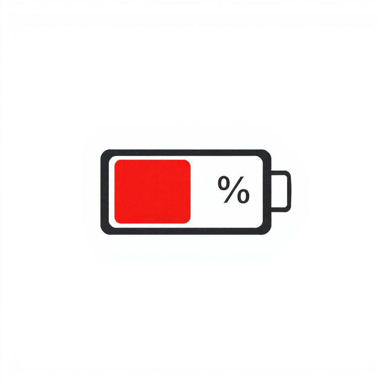 A simple illustration of a battery icon showing 1 percent charge with a red section indicating low battery on a plain white background.