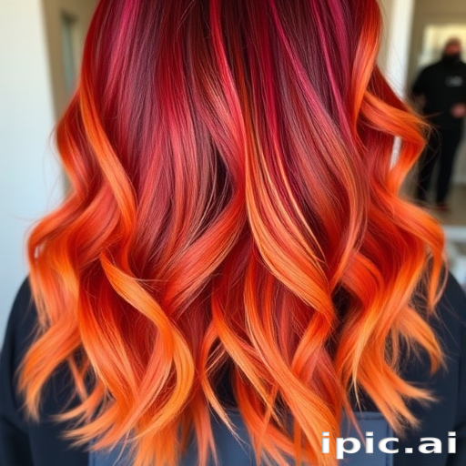 Fiery ombre locks transitioning from deep crimson roots to blazing orange tips, Phoenix's hair radiates warmth and intensity, with subtle waves adding movement and depth to the striking color palette