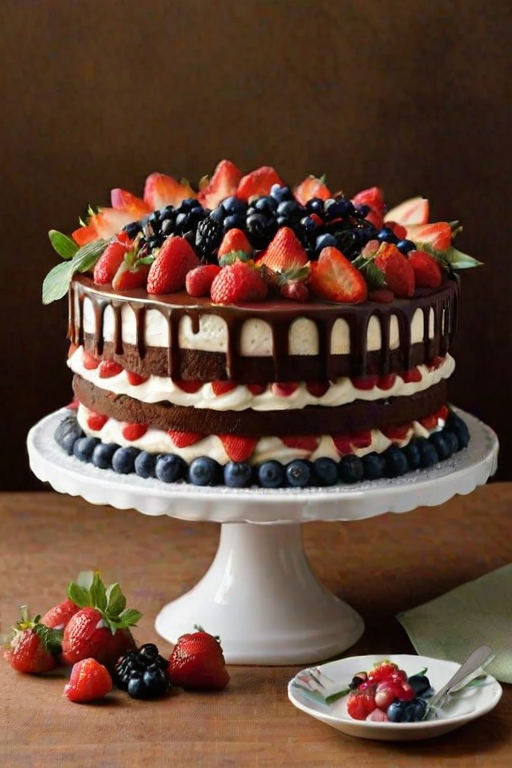 Generate an image of a multi-layered cake decorated with an abundance of fresh berries, including strawberries, raspberries, blueberries, and red currants. The cake should have a unique design featuring a border made of thin chocolate sticks and be tied with a delicate ribbon. The setting should be elegant and inviting, showcasing the vibrant colors of the fruit.