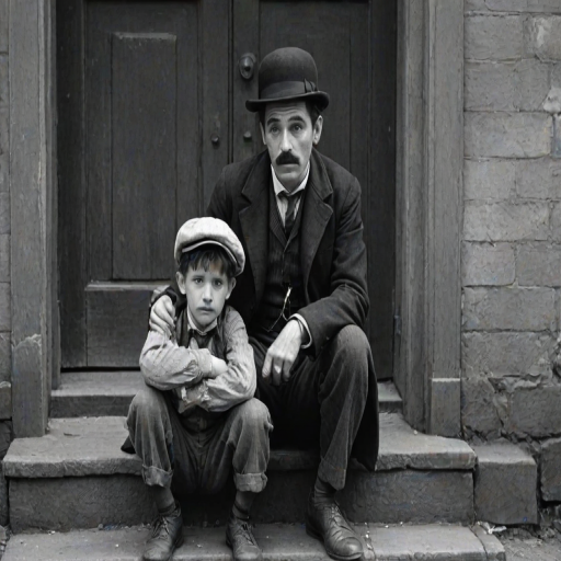 A black-and-white photograph of a man and a child sitting on steps in front of a doorway. The man is dressed as a tramp with a bowler hat, mustache, and ragged clothes, reminiscent of Charlie Chaplin's iconic look. He is sitting with his arms crossed and an expression of slight sadness or frustration. Next to him is a young boy, also in worn clothes and a cap, sitting with his hands clasped, looking thoughtful. The background is an old, textured wall and a partially open door, creating a vintage, early 20th-century atmosphere.