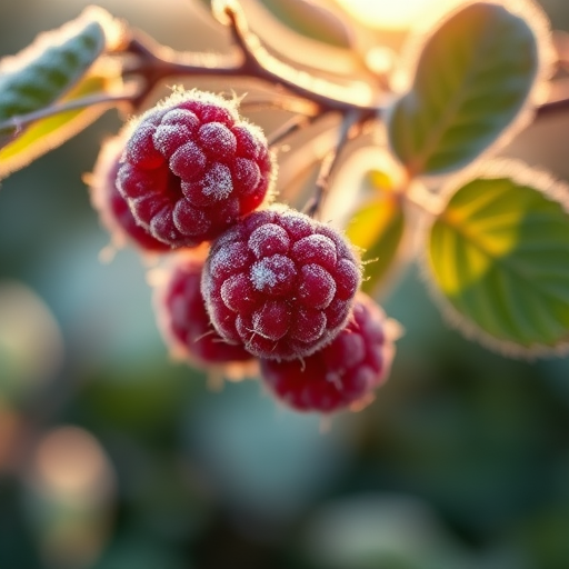 capture a close-up of frosted raspberries on a branch during early morning light using a DSLR camera with a 50mm lens at f/2.8, ISO 100, shutter speed 1/200, in macro view to enhance detail and clarity