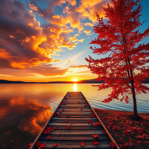 Create an image featuring a wooden dock extending into a serene lake at sunset. The sky is filled with dramatic orange, pink, and golden clouds as the sun sets behind distant hills, casting a beautiful reflection on the calm waters of the lake. The dock is strewn with vibrant red autumn leaves, and a strikingly red tree stands to the right, its leaves also glowing in the sunset light. The overall mood of the image is peaceful and warm, with the contrast between the fiery sky and calm waters enhancing the beauty of the scene.