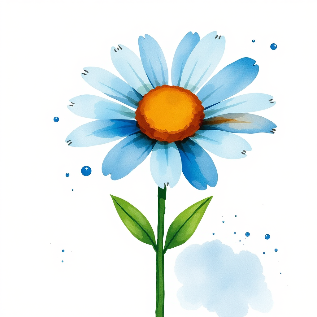 A single blue daisy flower in a loose, whimsical watercolor style. The petals are unevenly spread, with soft blue and brown tones. The stem is thin and slightly curved, with two green leaves, while watercolor splatters create an organic, artistic effect around the flower. The background is light beige with natural watercolor textures and splashes.