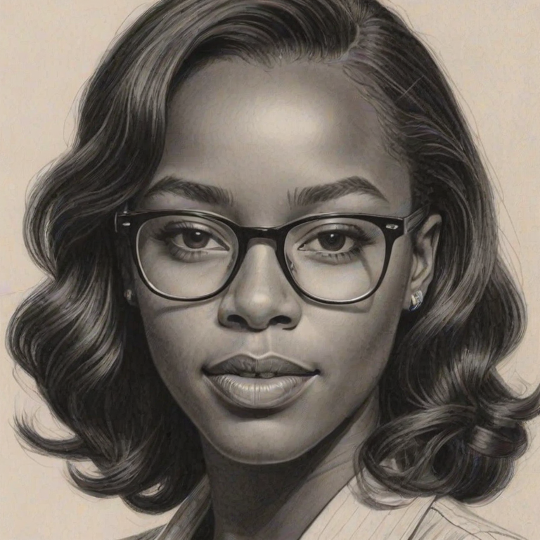 Attractive Aja Naomi King, pencil sketch, portrait of Fetching woman 1945s in glasses, hair style beatnik, outline, clear lines, fine lines, 8k