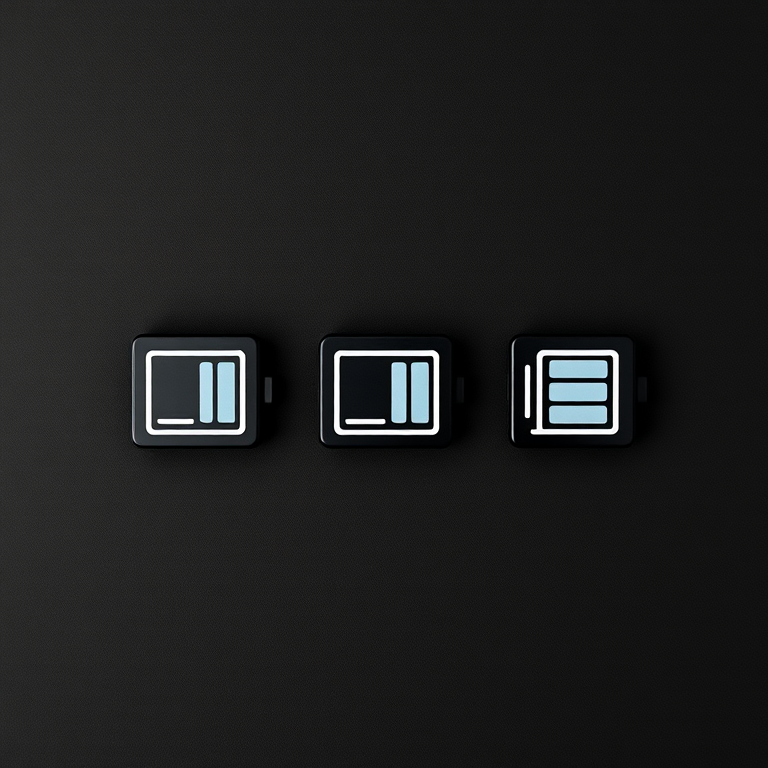 Create an image of five battery icons displaying different charge levels on a black background, use a Canon EOS R5 camera, aperture f/4, ISO 100, shutter speed 1/60, top-down view, minimalistic style for enhanced clarity and contrast.