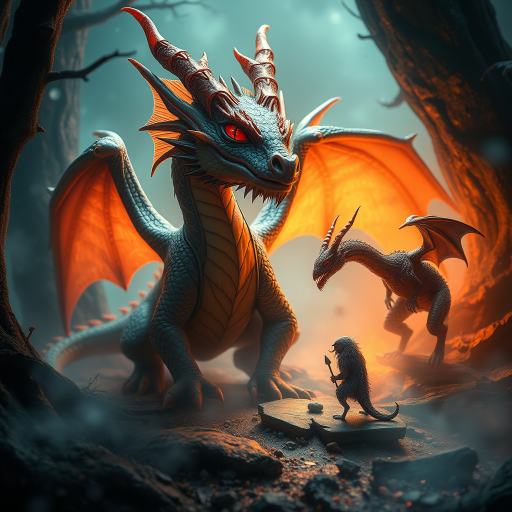 Create a vivid fantasy scene featuring a dragon and a mythical creature, with soft lighting and a mystical atmosphere, shot with a DSLR camera at 50mm, f/2.8 aperture, ISO 100, and a wide-angle view for enhanced depth and detail.