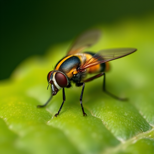 macro shot of a yellow and black striped fly on a green leaf, shallow depth of field, 100mm f2.8 macro lens, ISO 100, f/5.6, 1/200 sec, natural light, DSLR camera
