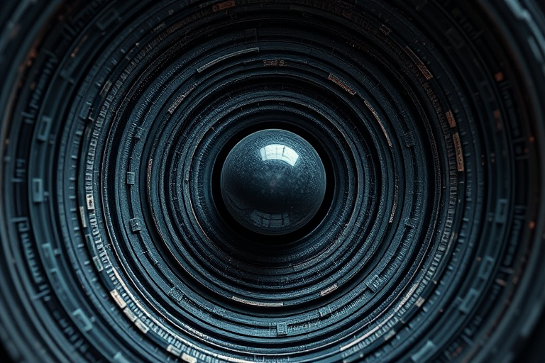 Create a high-resolution abstract image featuring intricate circular patterns and textures with a central orb, using a Canon EOS R, f/8 aperture, 1/60 sec shutter speed, ISO 100, with a 24mm lens, in a macro view to enhance details and depth in a dark background setting.