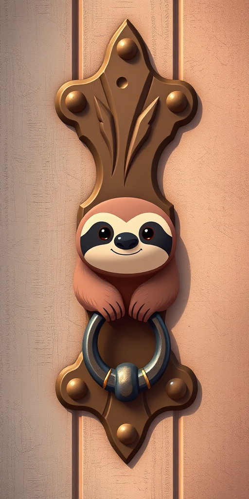 Create a high-resolution illustration of a cute sloth-shaped door knocker on a textured wall, using a 50mm lens, f/2.8 aperture, and soft lighting to enhance details and create a warm atmosphere.