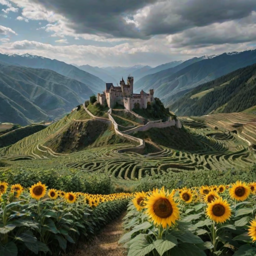 This is a real landscape photo, presenting a huge maze of plants in front of us. At the exit of the maze in the distance, there is a bluish gray stone castle built under the mountain range, with thick snow on the mountaintop and clouds floating on the mountainside. sunflower.