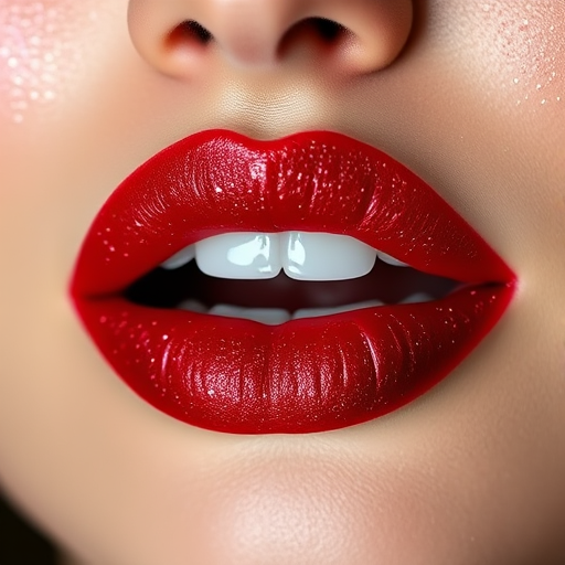 Glitter-infused ruby red lips dubbed "Sparkling Siren" combine classic glamour with modern sparkle, ideal for holiday parties and special occasions