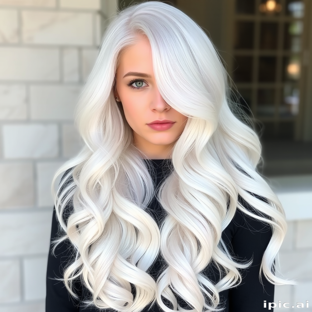 Ethereal white-blonde mermaid waves named "Frost Maiden" featuring ultra-long layers, icy platinum hue with subtle silver highlights, soft cascading curls reaching hips, face-framing pieces delicately styled