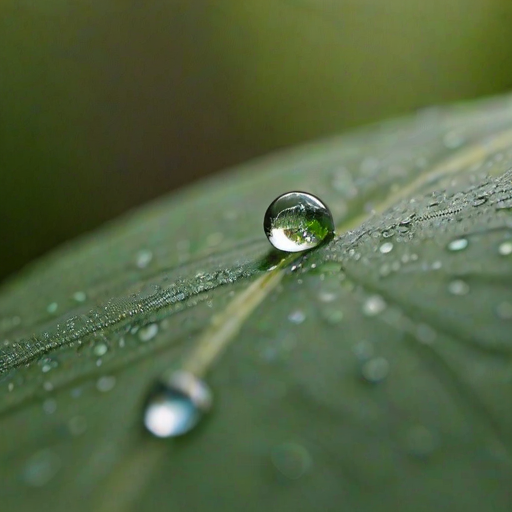 Sharp, detailed close-up of a single raindrop clinging to the tip of a leaf, tiny reflections of a distant forest visible in the droplet, with soft natural light creating a peaceful ambiance.