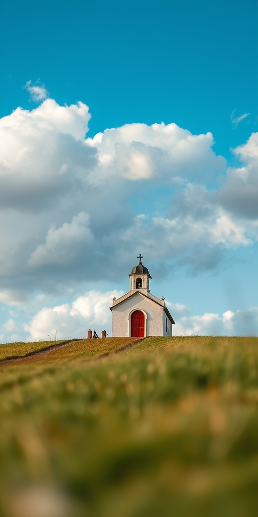 Capture a serene image of a small chapel on a hill under a partly cloudy sky, using a DSLR camera with a 24mm lens, aperture f/8, ISO 100, and a shutter speed of 1/125 sec, from a low angle to emphasize the foreground and add depth.