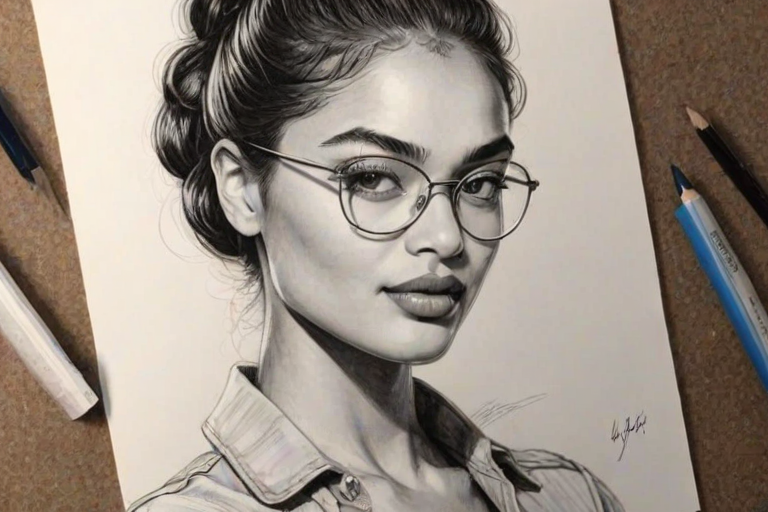 Appealing Shanina Shaik, pencil sketch, portrait of Dazzling woman 1944s in glasses, hair style beatnik, outline, clear lines, fine lines, 8k