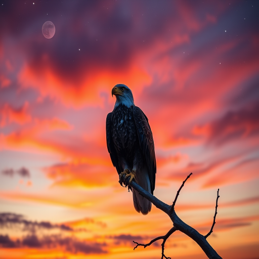 Capture a majestic eagle perched on a branch at sunset, with vibrant colors in the sky and stars visible, using a DSLR camera with a 24mm lens at f/8, ISO 200, 1/250 sec, in landscape orientation and high dynamic range style.