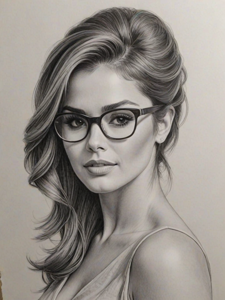 Stunning Cheryl Cole, pencil sketch, portrait of Beauteous woman 1961s in glasses, hair style beatnik, outline, clear lines, fine lines, 8k