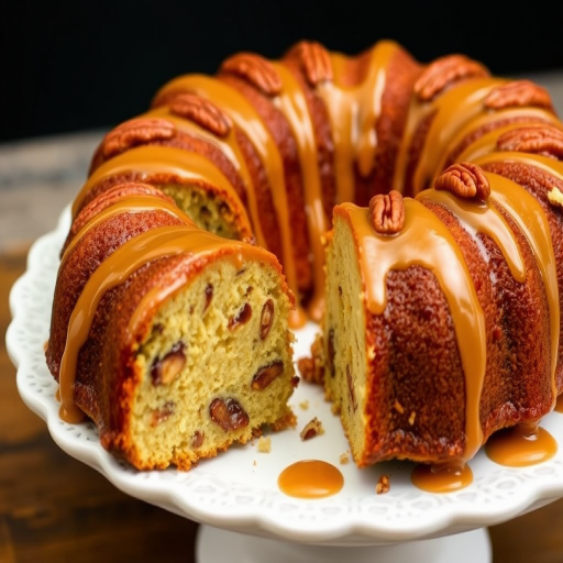A deliciously moist bundt cake with a rich caramel glaze drizzled over the top and garnished with pecans, showcasing a slice revealing a nut-filled interior on a decorative white plate.