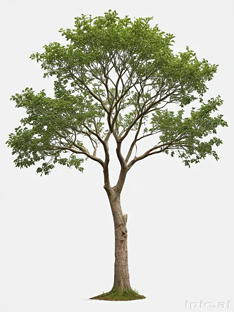 A Tall, Majestic Tree with Lush Green Foliage Against a White Background.