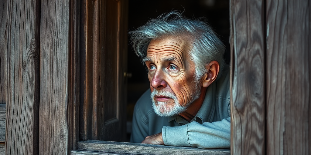 Capture an elderly person gazing thoughtfully from a rustic wooden window with soft natural lighting, using a Canon EOS 5D Mark IV, 50mm lens, f/1.8 aperture, ISO 100, and a slight vignette effect to enhance the mood.