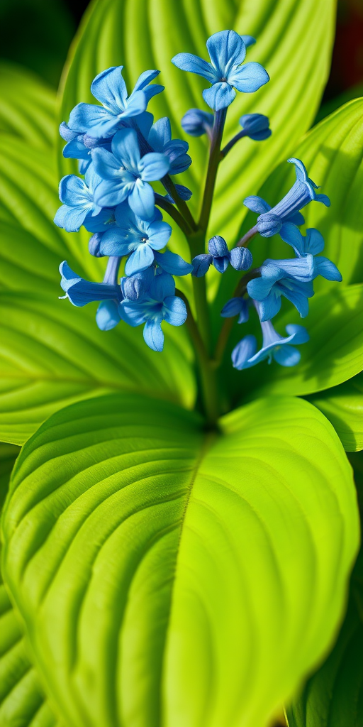 Create a high-resolution botanical illustration of a hosta plant with blue flowers and lush green leaves, using a macro lens, f/8 aperture, ISO 100, soft natural lighting, and a focus on vibrant colors and fine details, captured from a slight diagonal angle.