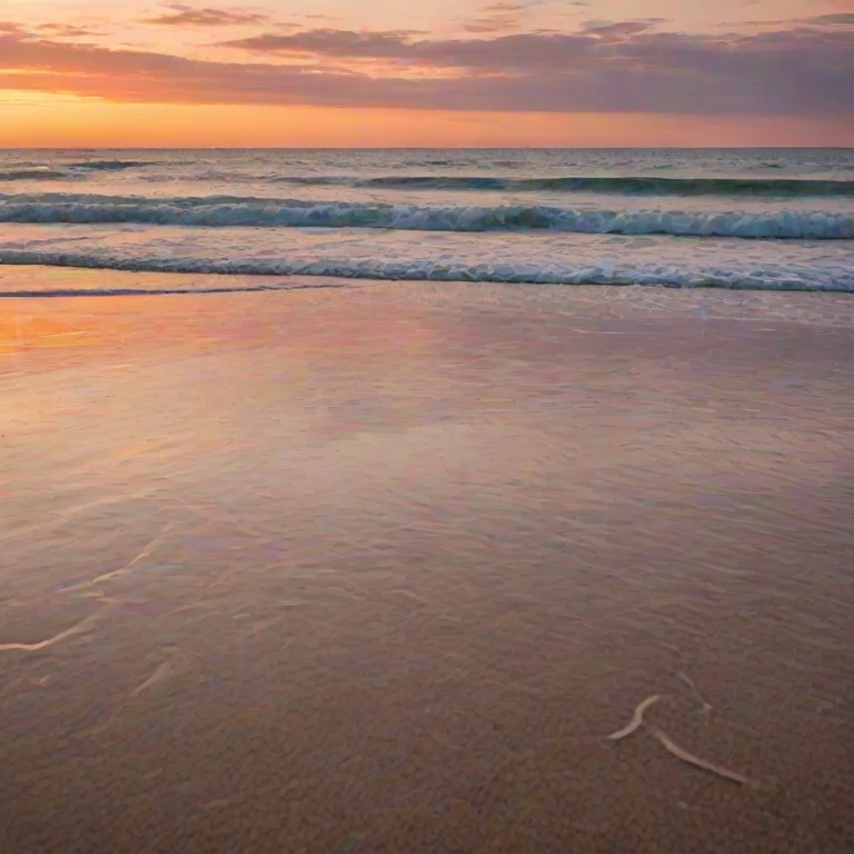 Soft-focus image of a tranquil beach at sunset, with soft waves gently lapping at the shore, and colorful skies reflected on the wet sand.