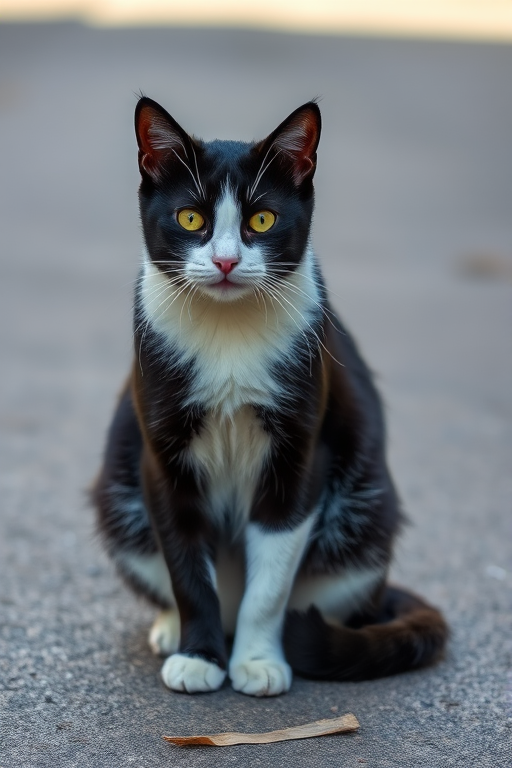 black and white cat sitting on pavement, natural light, 50mm lens, f/2.8 aperture, ISO 200, shallow depth of field, portrait orientation, DSLR camera