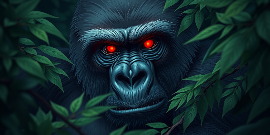 Create a highly detailed illustration of a gorilla with glowing red eyes surrounded by lush greenery, using a Canon EOS R5 with a 50mm lens, f/1.8 aperture, ISO 200, in a low light setting for dramatic emphasis and depth of field.
