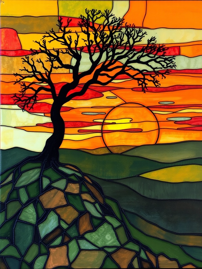 A vibrant abstract painting on Tiffany Glass, blending acrylic and alcohol ink techniques, captures a dramatic sunset over rolling hills. The artwork features a textured, rocky foreground in green and brown, layered abstract hills, and a striking sunset in rich oranges, yellows, and reds. A solitary black tree with intricate branches contrasts against the fiery sky, creating a dynamic and expressive portrayal of a breathtaking natural scene.