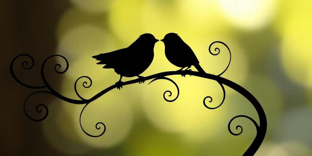 Create an intricate silhouette of two birds perched closely on a stylized branch with whimsical curls, captured with a DSLR camera at f/2.8, 50mm lens, natural light, focusing on details in a soft bokeh background.