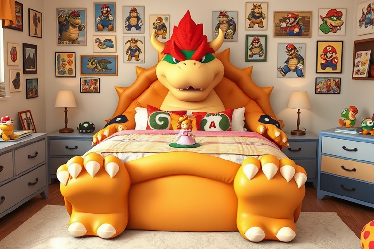 This is a photograph of a Super Mario themed bedroom with a unique, Bowser-shaped bed as the central focus, where his feet are at the foot of the bed and his body makes up the bed frame. The bed features turtle shell pillows, along with a stuffed toy of Princess Peach. The wall is full of posters of Bowser.