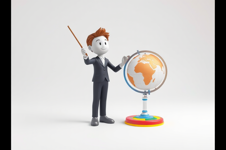 Create a 3D illustration of a stylized conductor with a baton standing next to a rotating globe on a colorful base, with a plain white background and soft lighting, captured using a DSLR camera with a 50mm lens at f/1.8, ISO 100, and a shutter speed of 1/200s.