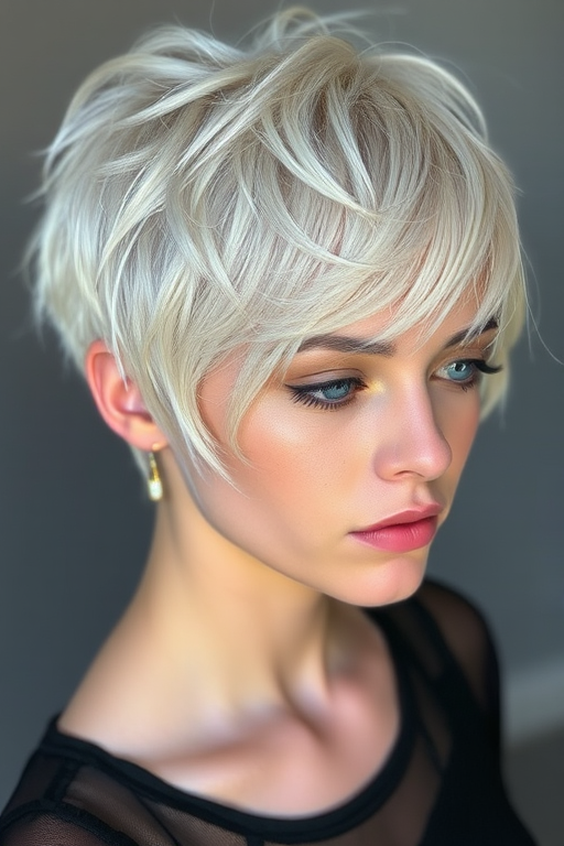 Ethereal platinum blonde pixie cut with delicate silver streaks, created by Celeste Moonbeam, showcasing wispy bangs and textured layers, adorned with iridescent glitter and tiny crystal hair pins