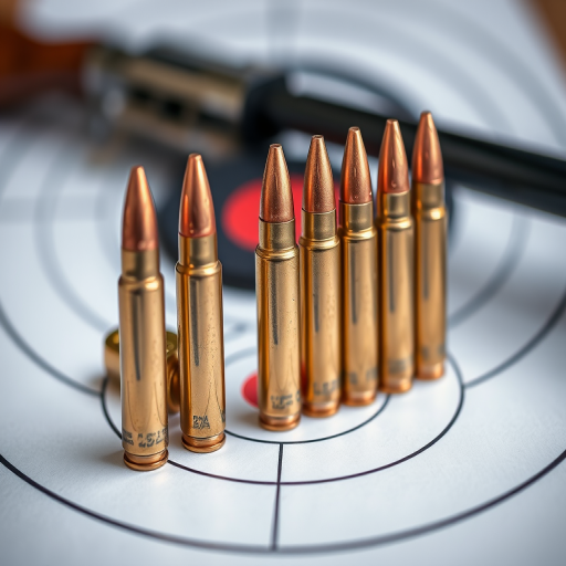 Close-up shot of five shiny bullets resting on a shooting target with a wooden rifle in the background, f/5.6, ISO 100, 1/60s, macro lens, 50mm, natural light.