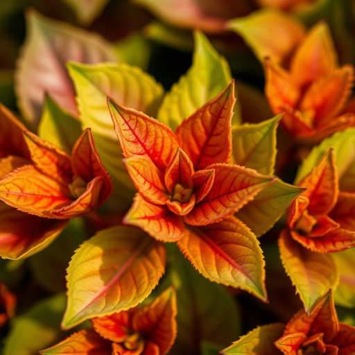 macro shot of vibrant green leaves with reddish accents, shallow depth of field, f/2.8 aperture, ISO 100, 100mm lens, natural light, Canon DSLR